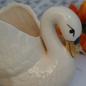 VTG 1987 Enesco Swan Planter w/ Ribbon Lace Rose Retro Style White Pink
